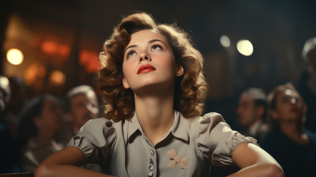 Retro portrait of beautiful young woman with curly hairstyle sitting in cinema. Generative AI.