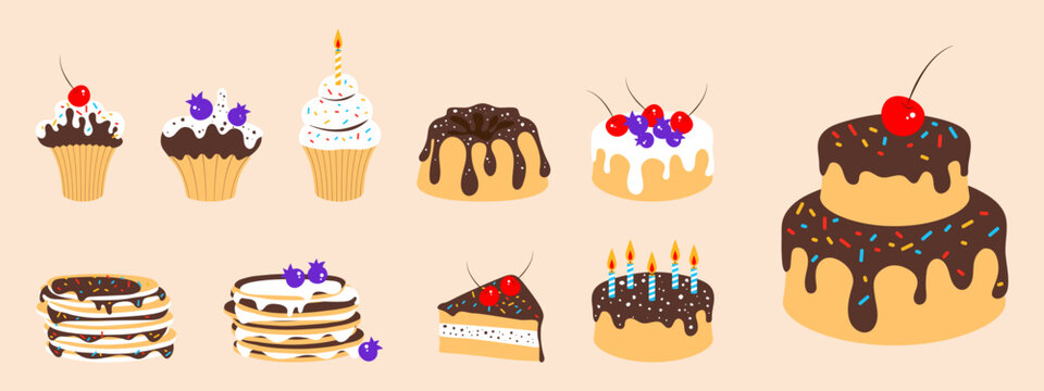 Sweets set. Piece of cake, cake, bundt cake, pancake, cupcake, with berries, cherries, blueberries, . Vector illustration in cartoon style. Minimalism.
