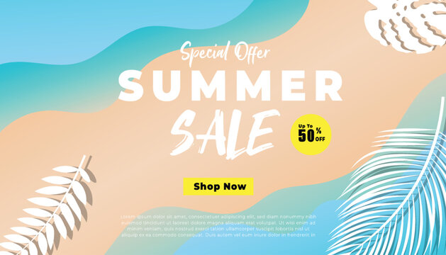Creative summer sale banner in trendy beach colors with tropical leaves and discount text. Season promotion illustration.