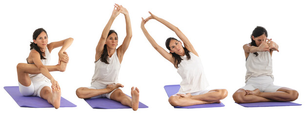 Latin woman collage set doing some yoga stretching over isolated transparent background