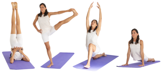 Collage set of Latina yoga woman doing positions on isolated transparent background