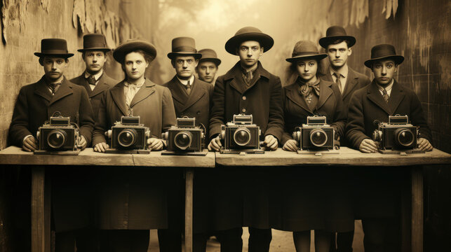 Group of reporters with old camera at the table in the photo studio. Generative AI.
