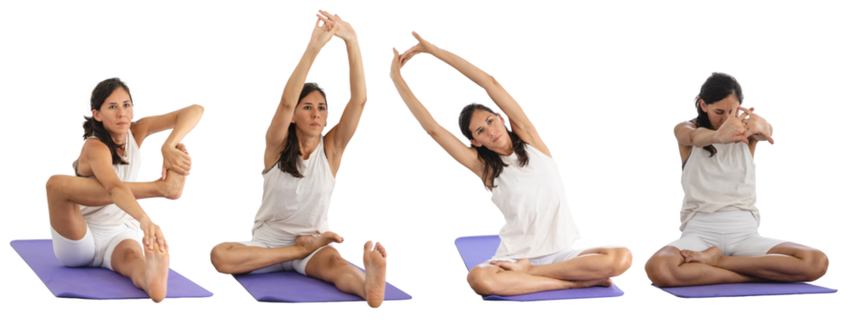 Latin woman collage set doing some yoga stretching over isolated transparent background