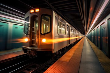 Naklejka premium Automated guide-way train at night. motion blur. Generative Ai