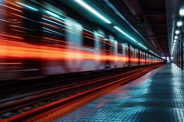 Automated guide-way train at night. motion blur. Generative Ai