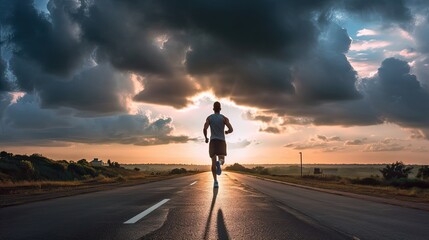 Back view of athletic male runner on asphalt road with clouds in sky at sunrise. concept path to success. Generative Ai.