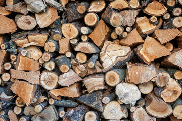 Pile of firewood and cut logs for heating with wood in winter