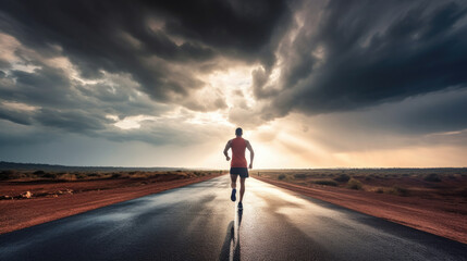 Back view of athletic male runner on asphalt road with clouds in sky at sunrise. concept path to success. Generative Ai.