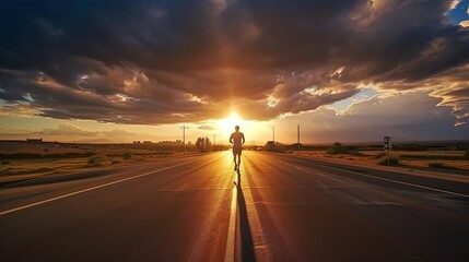 Back view of athletic male runner on asphalt road with clouds in sky at sunrise. concept path to success. Generative Ai.