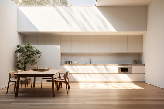 A minimalistic soft white kitchen is lit with sun beams coming in from the left without people present