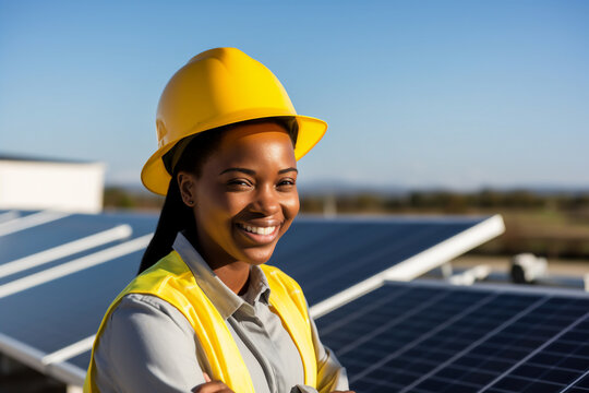 A female african american engineer with a yellow helmet are checking on solar panels enthusiastic on a clean roof ; renewable energy concept