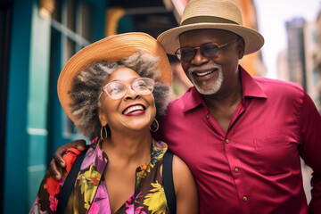 An aged african american elder an his wife are travelling happy with holiday clothing in a vibrant city on vacation while retired