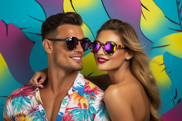 A holiday cool couple is smiling sunglasses with a colorful  background ; a tropical background or banner