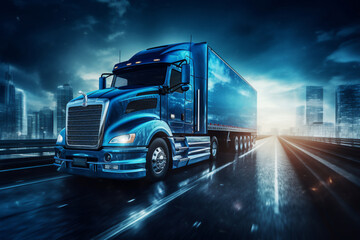 A blue large truck is driving fast with a blurry environment on a unoccupied highway surrounded by cities
