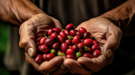 Hand farmer picking red berries coffee beans. Created with Generative AI technology. - obrazy, fototapety, plakaty