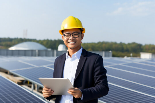 A male asian engineer with a yellow helmet are standing and looking at the camera enthusiastic with ipad without logo on a clean roof ; renewable energy concept