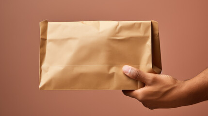 Fototapeta premium Man holds a paper delivery package. Created with Generative AI technology.