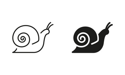 Snail Line and Silhouette Icon Set. Slug in Shell Crawl Pictogram. Helix Slow, Cute Escargot Moving. Slimy Eatable Spiral Mollusk Symbol Collection. Wildlife Concept. Isolated Vector Illustration © Toxa2x2