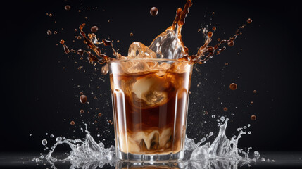 Ice coffee is poured into a clear tall glass with a splash on a black background. Created with Generative AI technology.