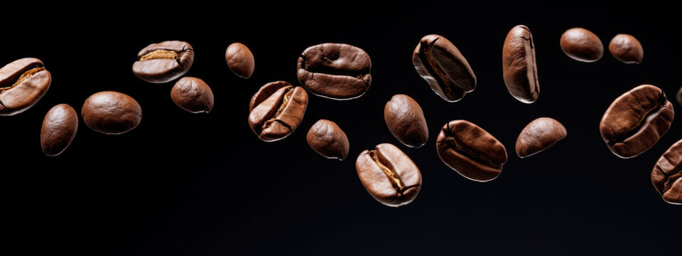 Coffee beans levitate on a black background. Created with Generative AI technology. © MP Studio