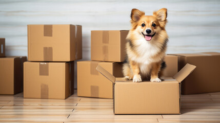 Corgi dog in cardboard boxes for moving. Created with Generative AI technology.