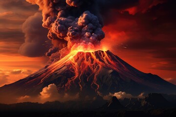 Volcano eruption scenery background. Generative AI - obrazy, fototapety, plakaty