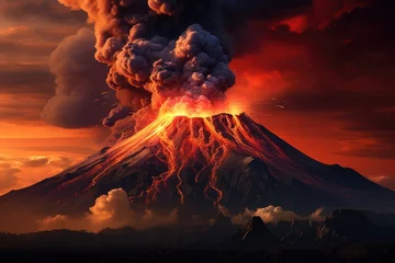 Fotobehang Volcano eruption scenery background. Generative AI © kardaska