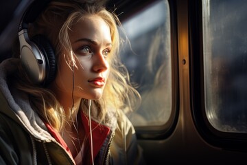 Fototapeta na wymiar Young chilled Caucasian European girl American woman calm female relaxed lady in headphones listening to music audio song sound relaxing in train ride looking through window dreaming bus riding