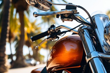 Fototapeta premium Shining motorcycle bike cool retro metal motorbike wheel transport moto sport under palm tree summer travel in city outdoors no people nobody road way roadway riding freedom biker lifestyle