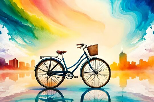 bicycle with a basket on the road, multi color splash art image , By Generative AI technology