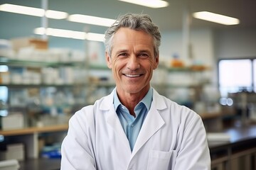Portrait of smiling mature male pharmacist standing in pharmacy drugstore - obrazy, fototapety, plakaty