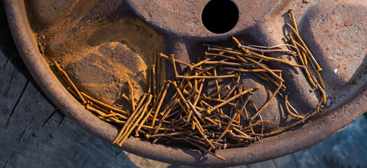 Rusty nails metal background, Pile of rusty nails