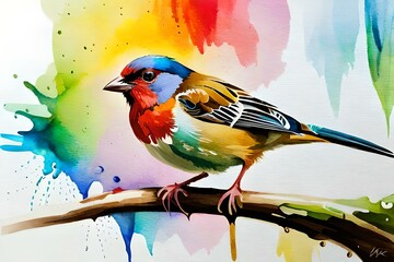 Sparrow on a branch, multi color splash art image on white background, By Generative AI technology