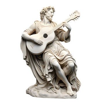 Bard, musician playing on acoustig guitar. Ancient marble greek sculpture. Isolated on white or transparent background, png