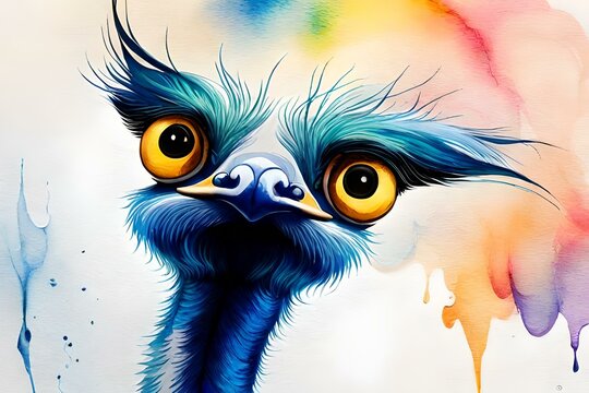 Ostrich with yellow stunning eyes, multi color splash art images, By Generative AI technology