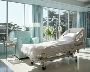 Empty hospital bed in nicely lit room