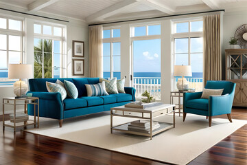 Interior design of a coastal themed living room, evoking a beachside vacation with breezy colors, seashell accents, and casual yet elegant furnishings.