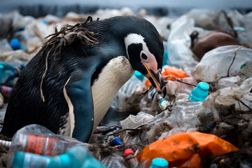 penguin near the ice and ocean, surrounded degrading bits of plastic, shopping bags and bottles