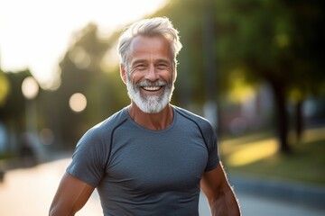 Portrait of senior man smiling at camera while jogging in city