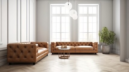 front view mock up room leather classic sofa with wall backdrop template interior room design background clean clear home space interior daylight,ai generate
