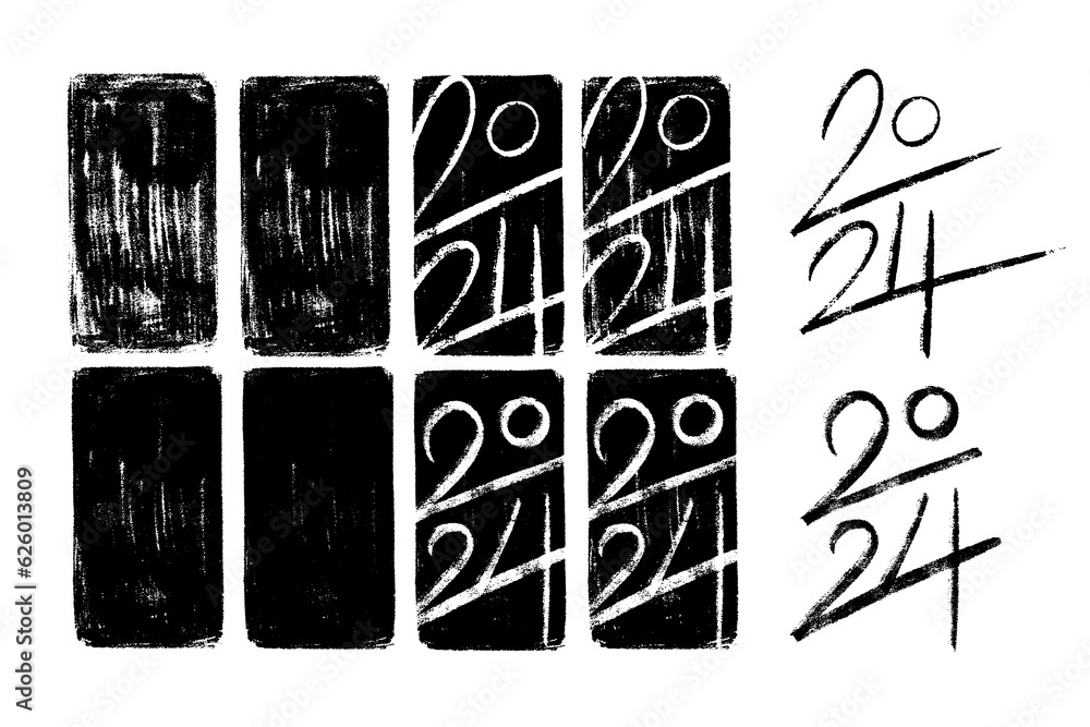 Poster 2024 vector hand-drawn numbers vertical compositions with stamp-like backgrounds. 2024 number design
