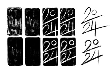 2024 vector hand-drawn numbers vertical compositions with stamp-like backgrounds. 2024 number design templates. Happy new year oriental style minimalistic concept for greeting materials. - 626013809