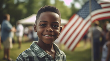 Happy boy smiling and celebrating fourth july Independence Day in front of american flag.
