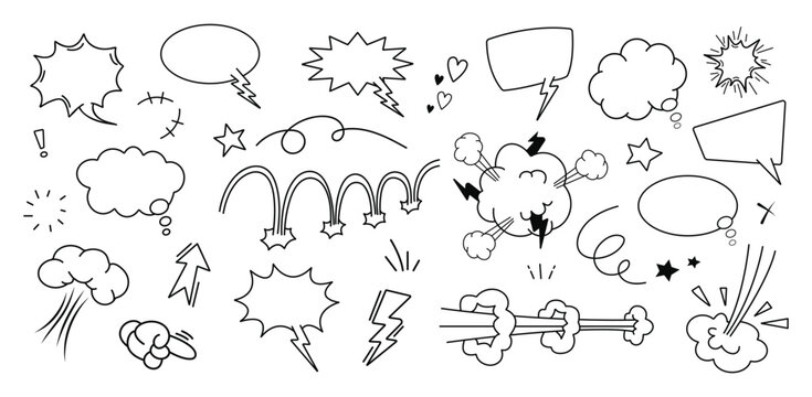 Set of cute pen line doodle element vector. Hand drawn doodle style collection of heart, arrows, scribble, speech bubble, star. Design for print, cartoon, card, decoration, sticker