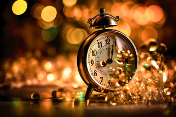 Fototapeta na wymiar Vintage alarm clock on Christmas festive background. New year's eve concept. generative AI.