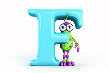 Colorful alien alphabet, uppercase letter F isolated on white background, vibrant kids font with fantasy characters for education in school, preschool and kindergarten. Generative AI.