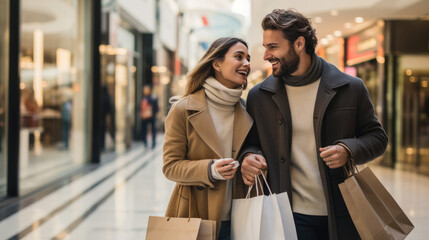 Young couple is shopping at the mall. Created with Generative AI technology.