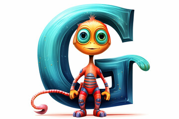 Colorful alien alphabet, uppercase letter G isolated on white background, vibrant kids font with fantasy characters for education in school, preschool and kindergarten. Generative AI.