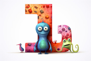 Colorful alien alphabet, uppercase letter L isolated on white background, vibrant kids font with fantasy characters for education in school, preschool and kindergarten. Generative AI.