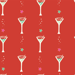 Vector Green Martini Drinks with Red Background seamless pattern background.  Perfect for fabric, scrapbooking, wall paper projects, and paper products.
